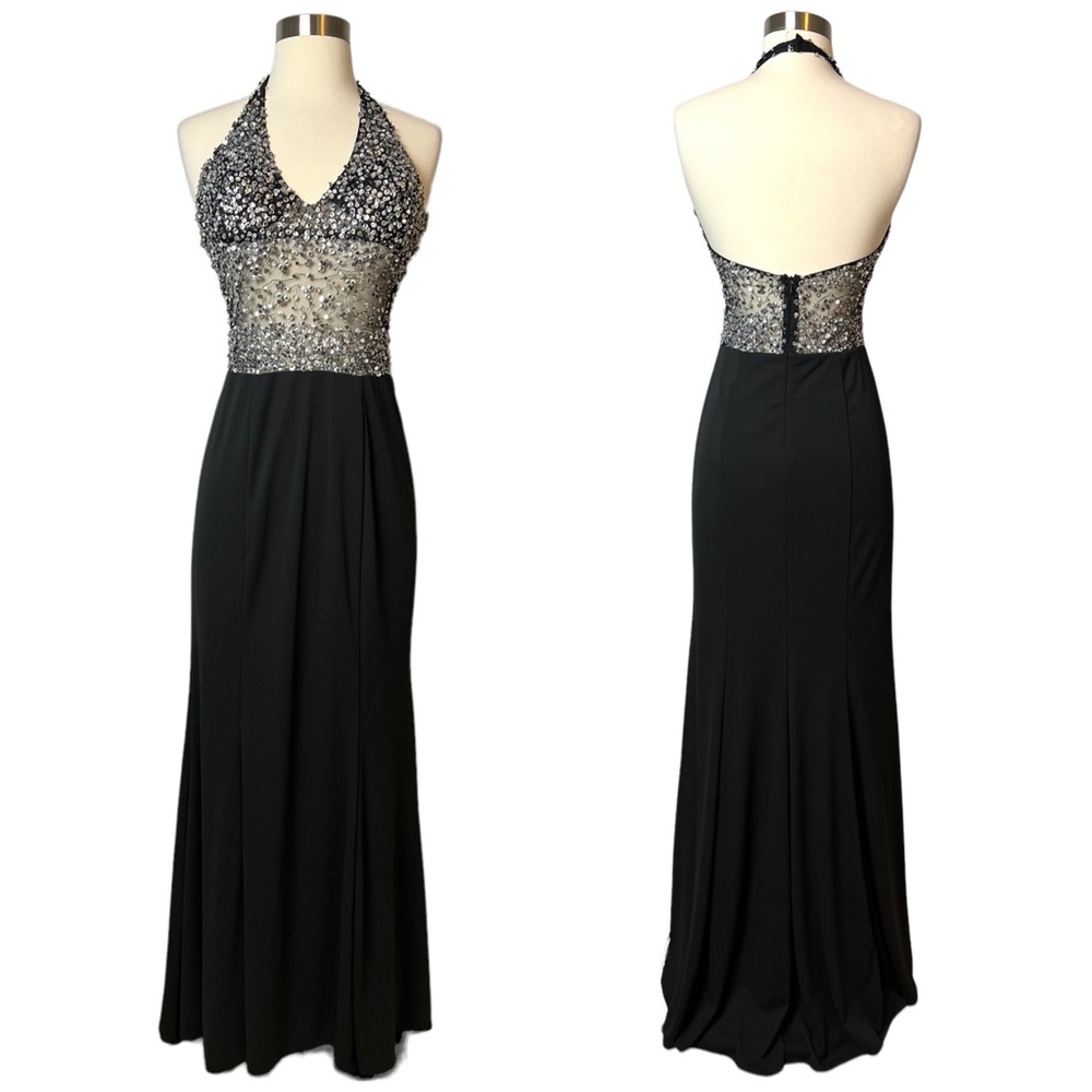 Niki Livas Black & Silver Sequins Mesh Halter Neck Evening Gown Dress Size 4